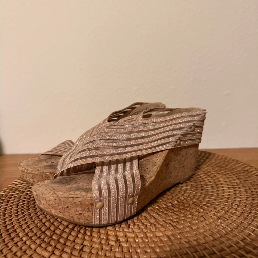 Lucky Brand‎ Tan Glitter Striped Cork Wedge Sandals